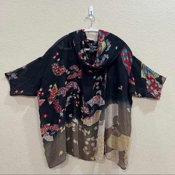 Citron Womens Multicolor Cowl Neck Short Sleeve Silk Blouse Asian Fans Boho Sz M - Picture 1 of 10